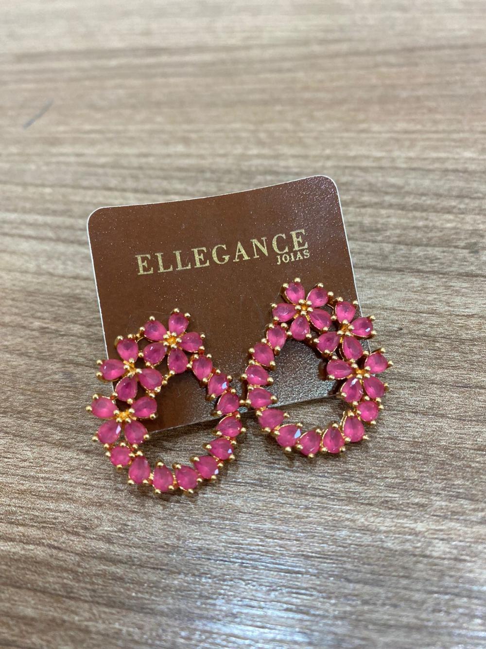 Brinco Cristal oval com flores rosa