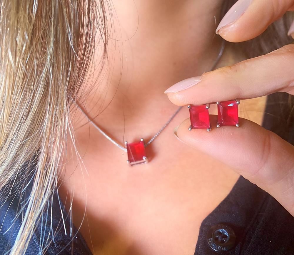 Conjunto colar e brinco cristal 4 garras
