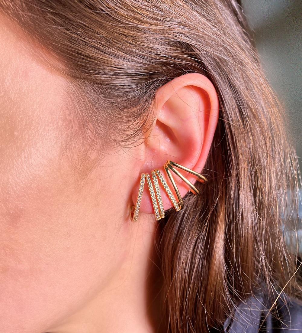 Brinco Ear cuff 3 linhas cravejadas 3 lisas