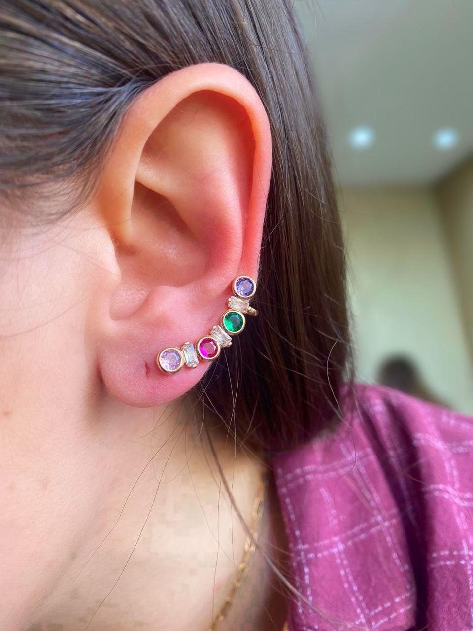 Brinco Ear cuff pedras cristais coloridas