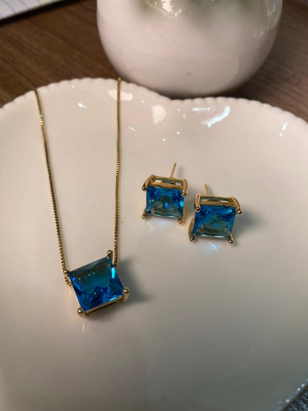 Conjunto brinco colar quadrado azul