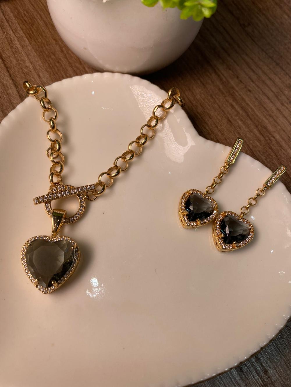 Conjunto brinco corrente coração colar coração elo portugues