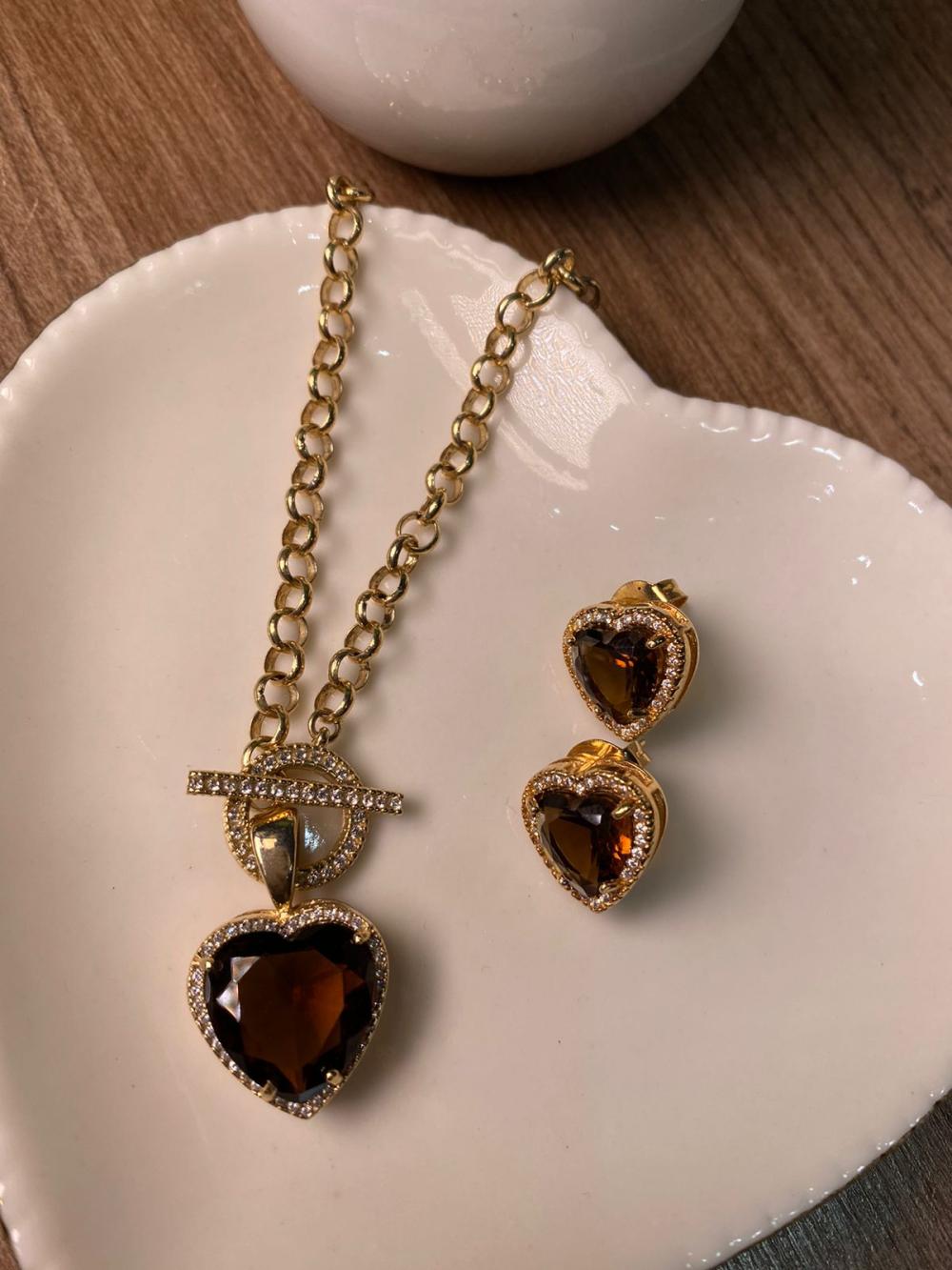 Conjunto brinco cristal colar coração elo português fecho boia