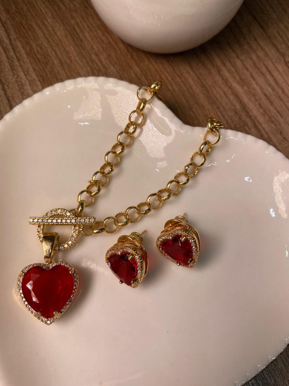 Conjunto brinco cristal colar coração elo português fecho boia vermelho