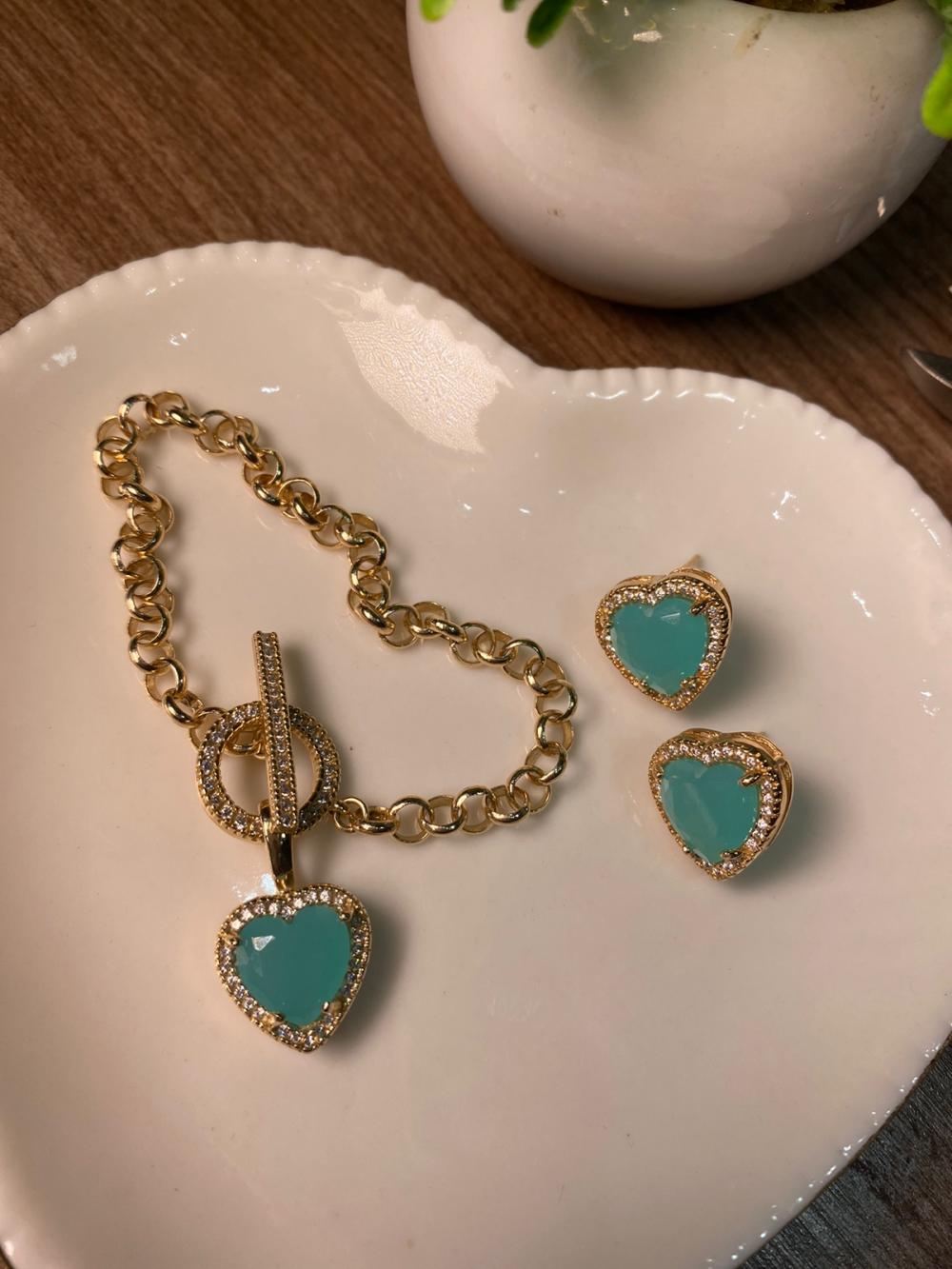 Conjunto brinco pulseira elo portugues coração