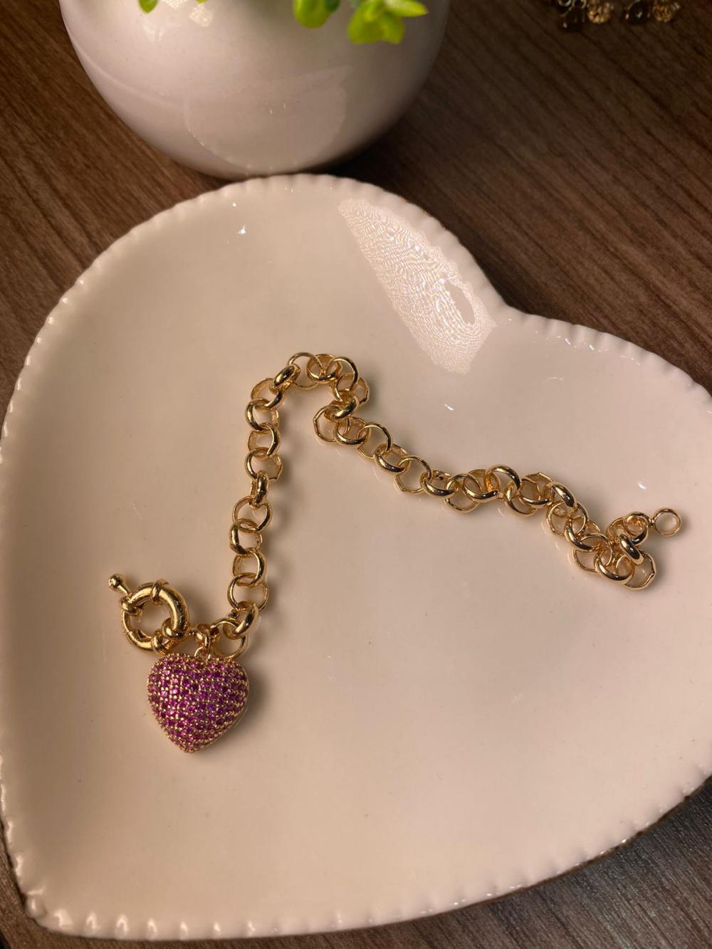 Pulseia elo portugues pingente coração cravejado rosa