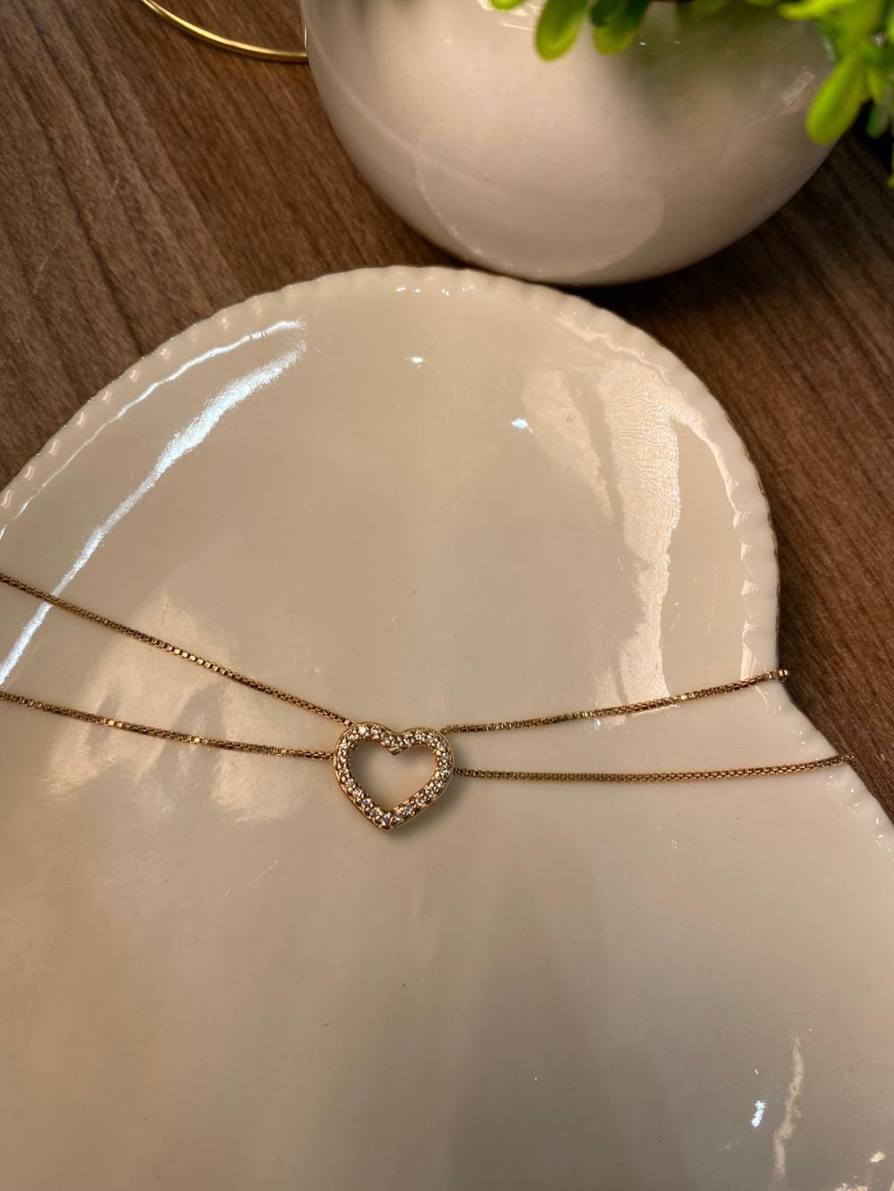 Pulseira dupla coração cravejado vazado