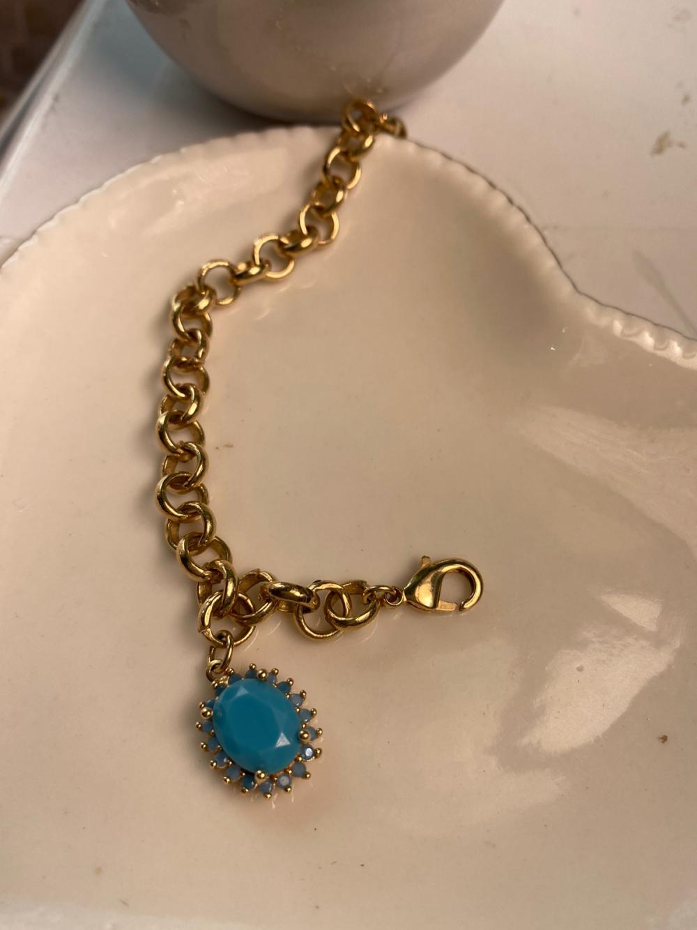 Pulseira elo portugues pingente pedra azul
