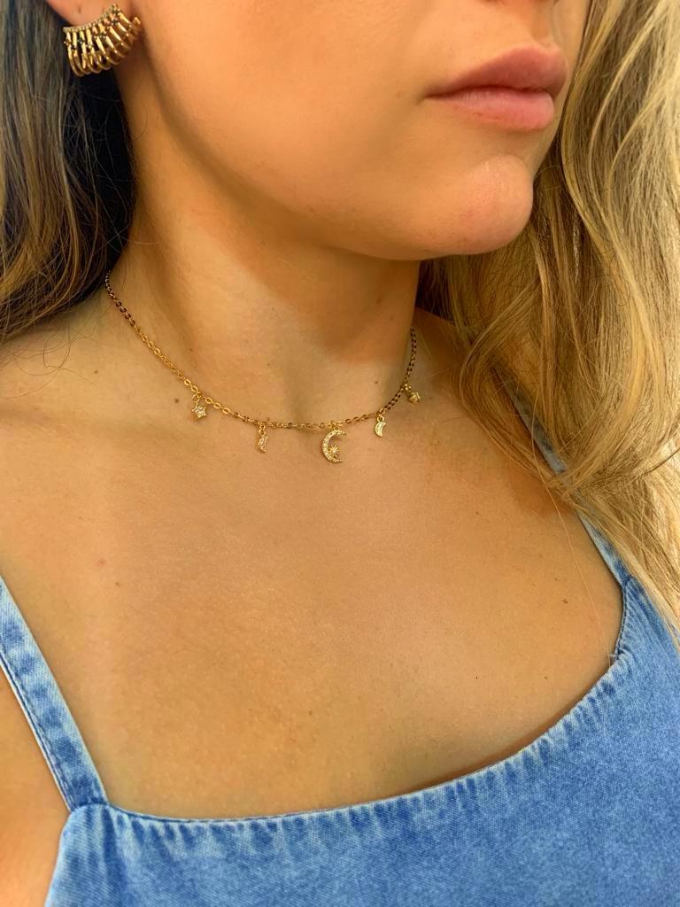 colar choker luas e estrelas 40 cm cristal