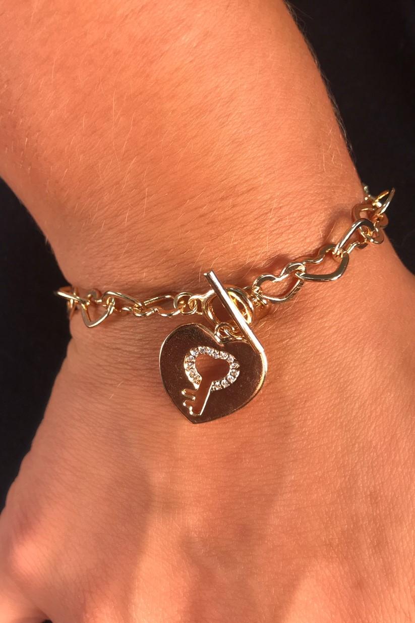 Pulseira corrente corações e coração com chave cristal