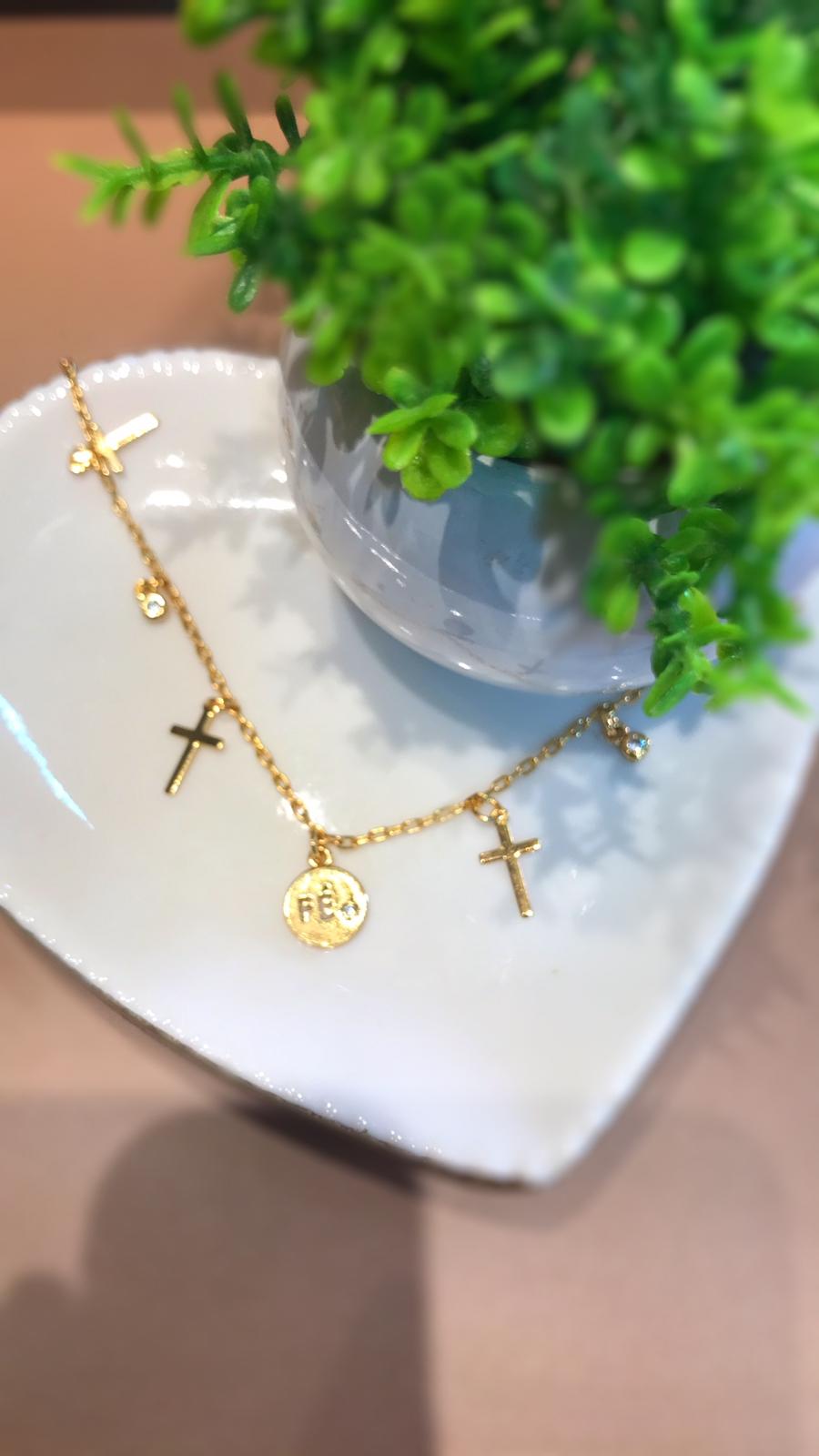 pulseira medalha fé, cruz e pontos de luz cristal