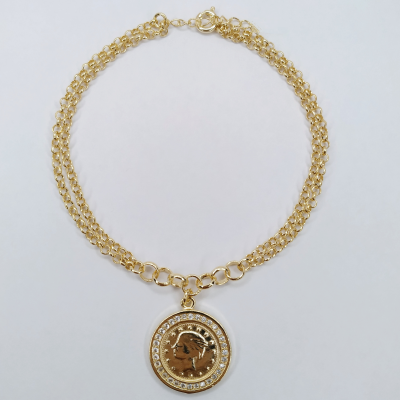 pulseira corrente dupla com medalha moeda
