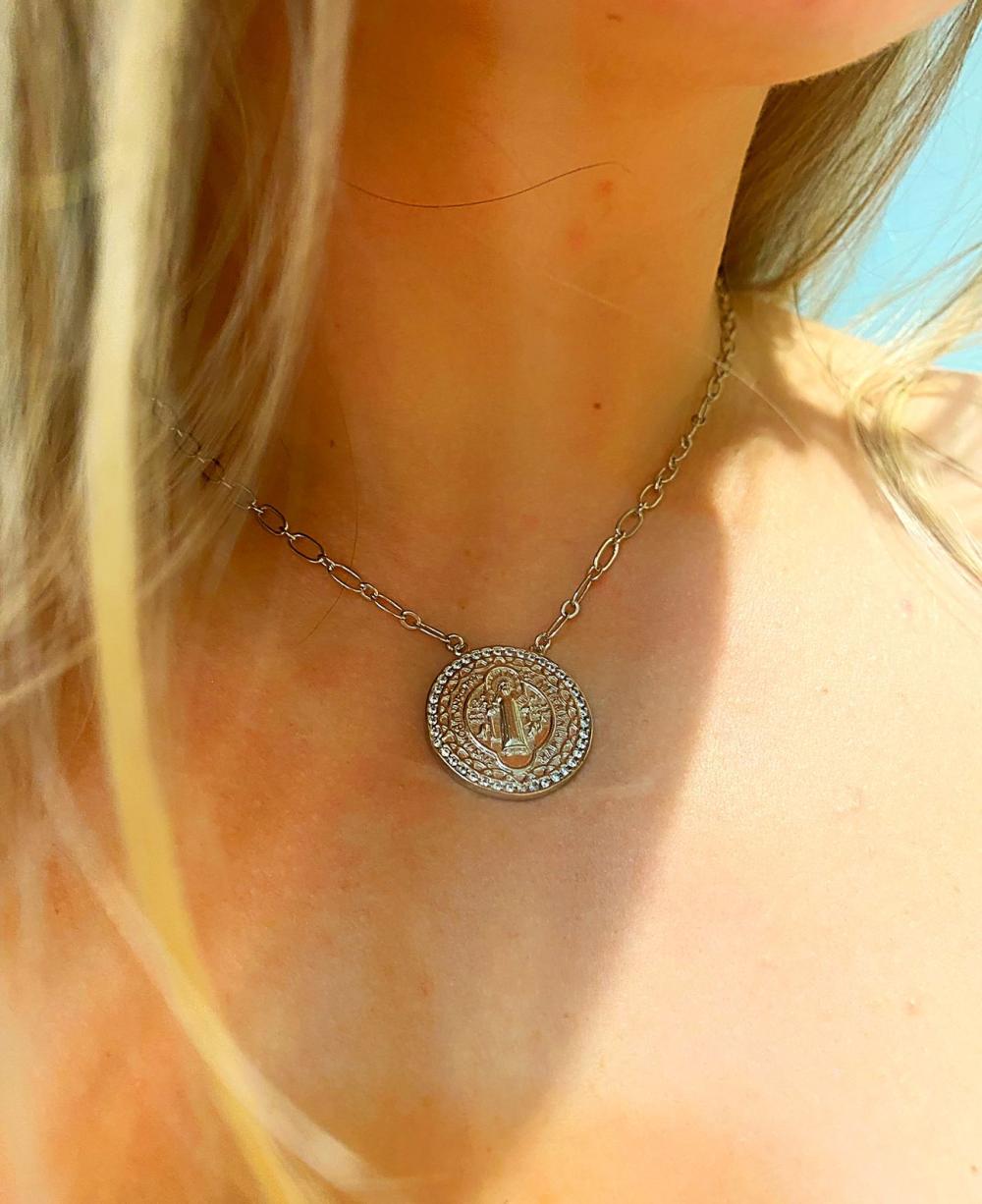 colar medalha são bento cristal