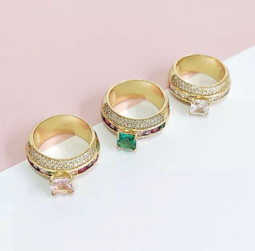 aliança zircônia baguete com solitário linha colorida