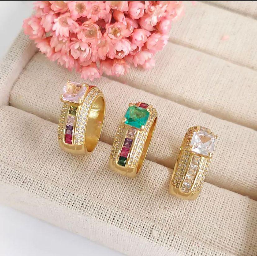 aliança zircônia baguete com solitário linha colorida