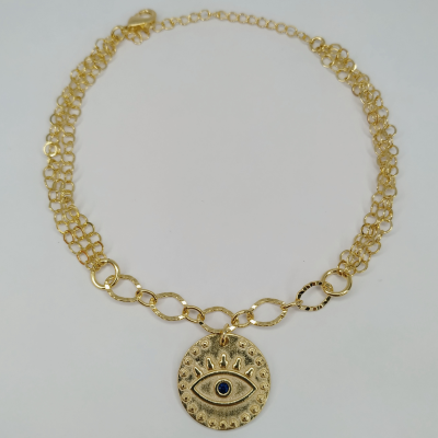 pulseira elo português fino com medalha olho grego