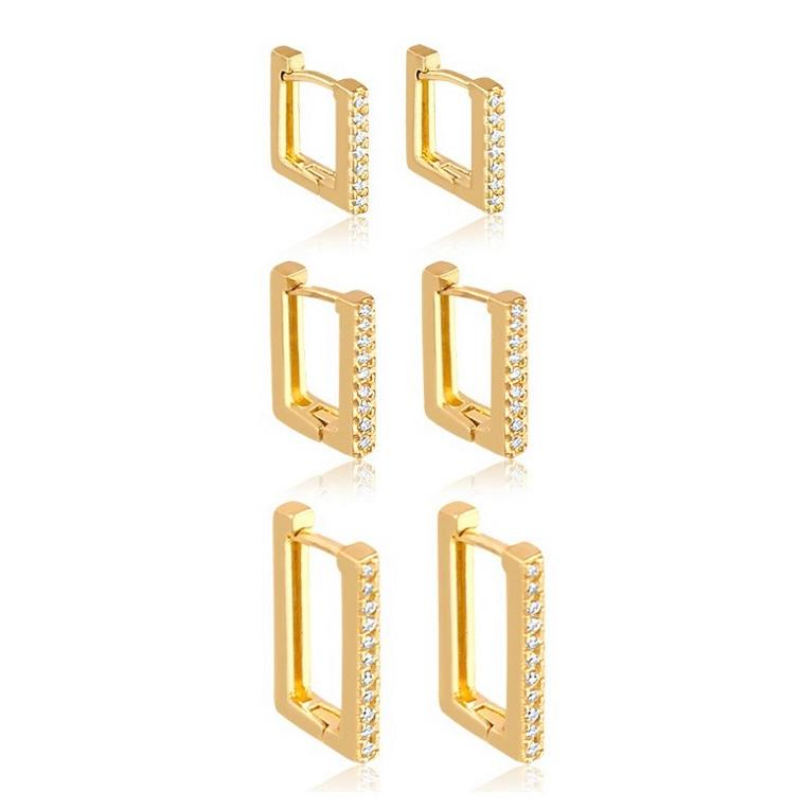 Brinco Trio Argola Click Quadrada Cravejada