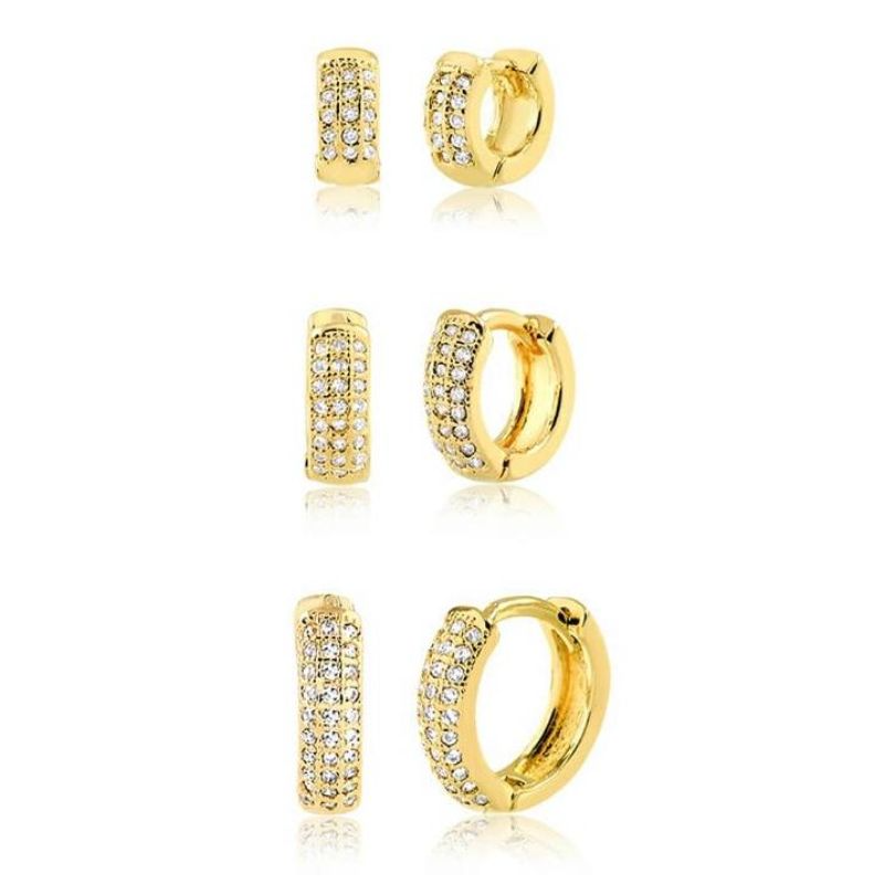 Brinco Trio Argola Click tres Fileiras Zirconia cravejada
