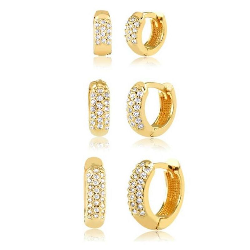 Brinco Trio Argola Click tres Fileiras Zirconia Detalhada