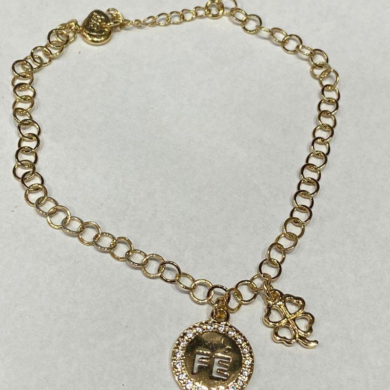 Pulseira elo Portugues Fé Cravejado e trevo