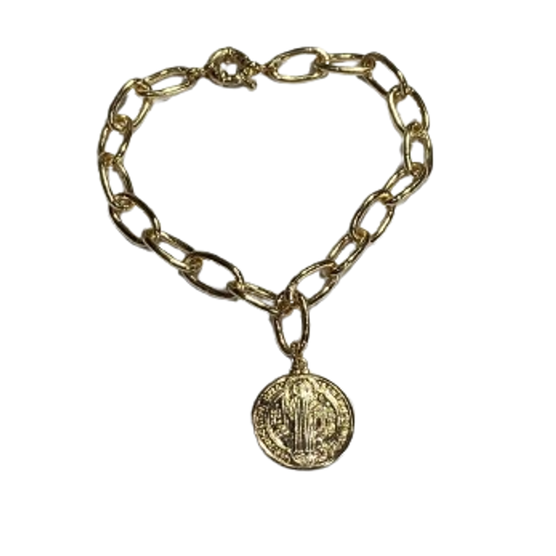 Pulseira elos Medalha  São Bento fecho boia