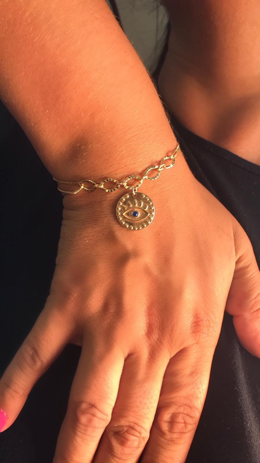 pulseira medalha olho grego azul