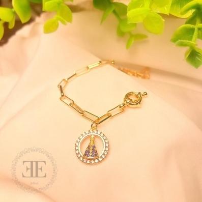 Pulseira cartier nossa senhora cravejado em branco e azul, fecho boia