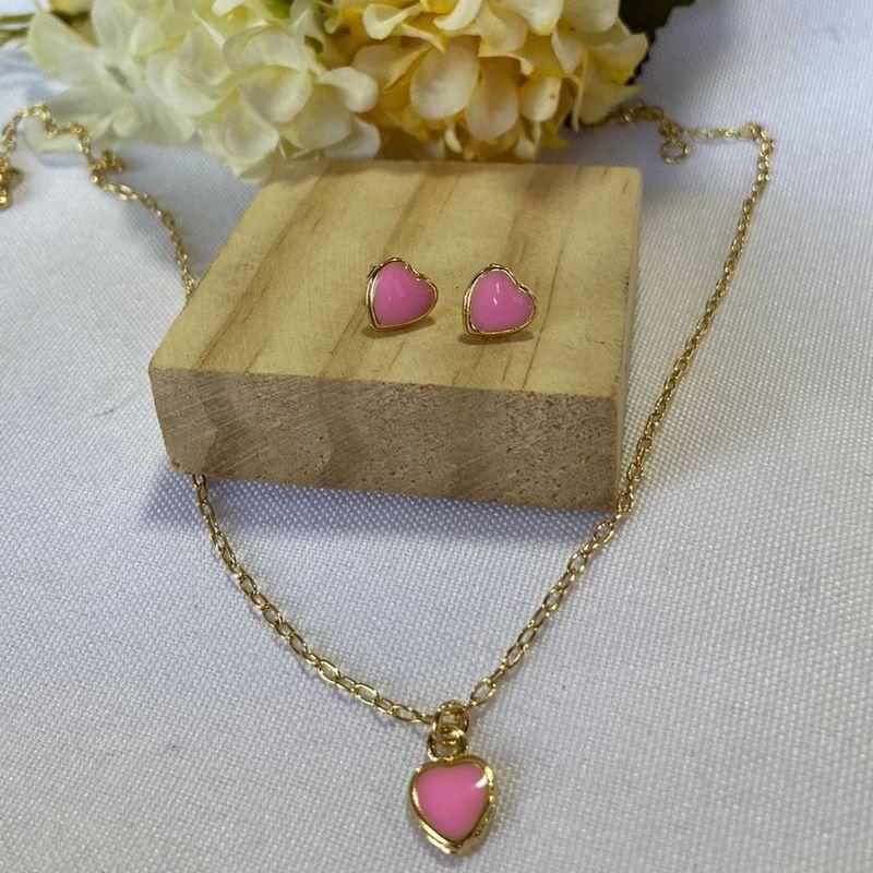 Conjunto Infantil Colar e Brinco Coração Rosa