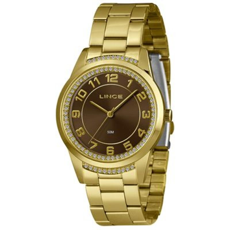 Relógio Analógico dourado fundo marrom cravejado