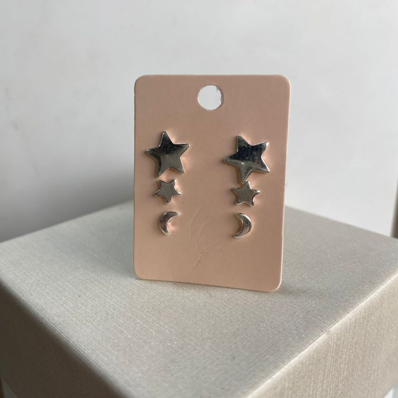 Brinco prata 925 trio estrelas e lua lisas
