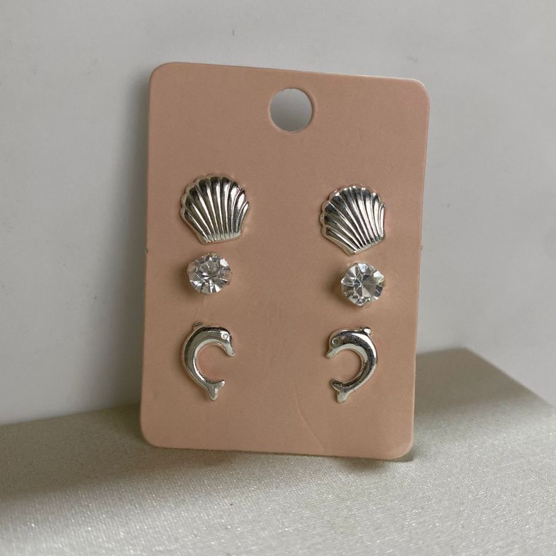 Brinco trio concha, ponto de luz e golfinho em prata 925