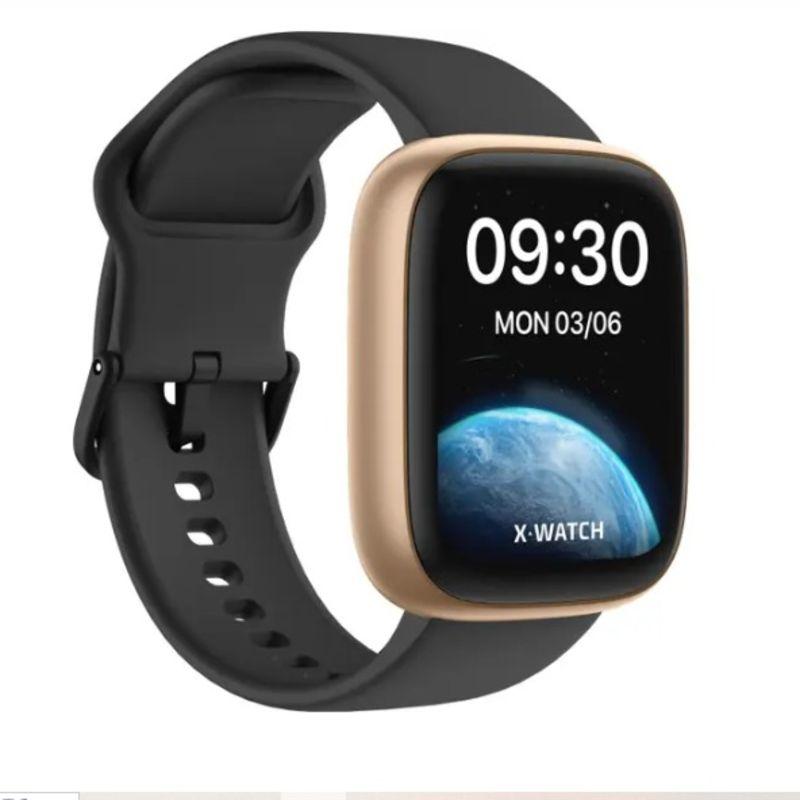 X-watch SmartWatch dourado com pulseira de silicone preta ajustável