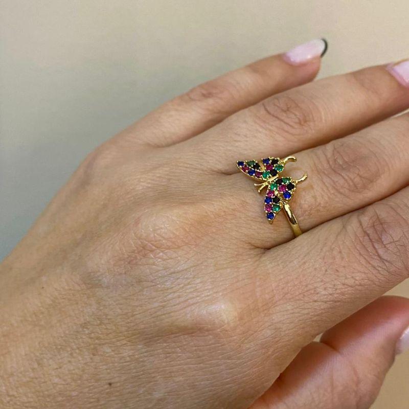 Anel borboleta com zircônias coloridas